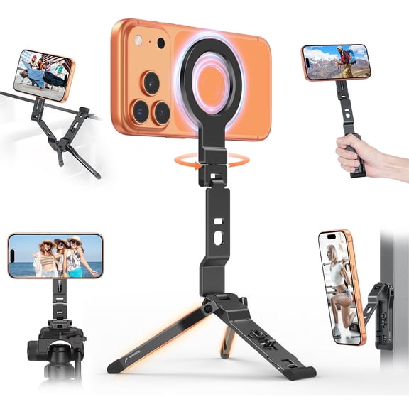OMOTON Magnetic Tripod Stand for MagSafe, Ultra-Slim Foldable 360 Rotating Holder with 1/4" Screw & Hook, for iPhone 17/16 Pro Max Air Women Men, Ideal for Vlog Travel Essentials