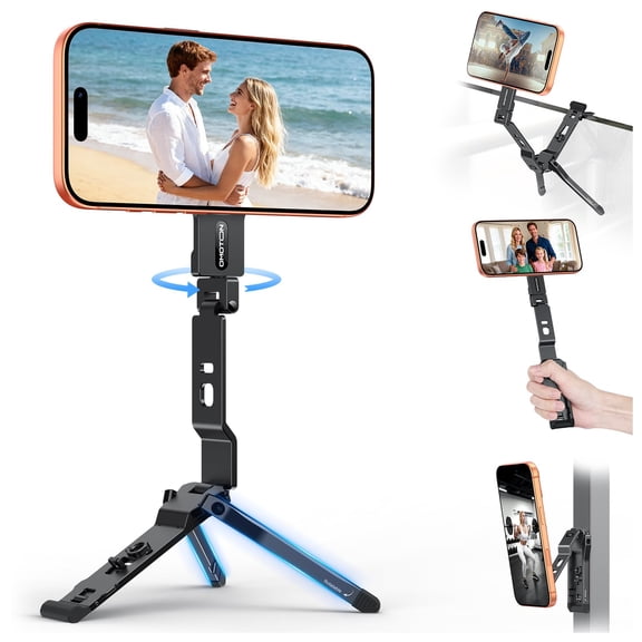 OMOTON TP03 [Ultra-Slim] for MagSafe Tripod, 360Rotating Magnetic Phone Tripod for iPhone 17/16/15 Pro Max Air, Foldable Cell Phone Stand with 1/4" Screw & Hook Fits Vlog, Gym, Travel Essentials