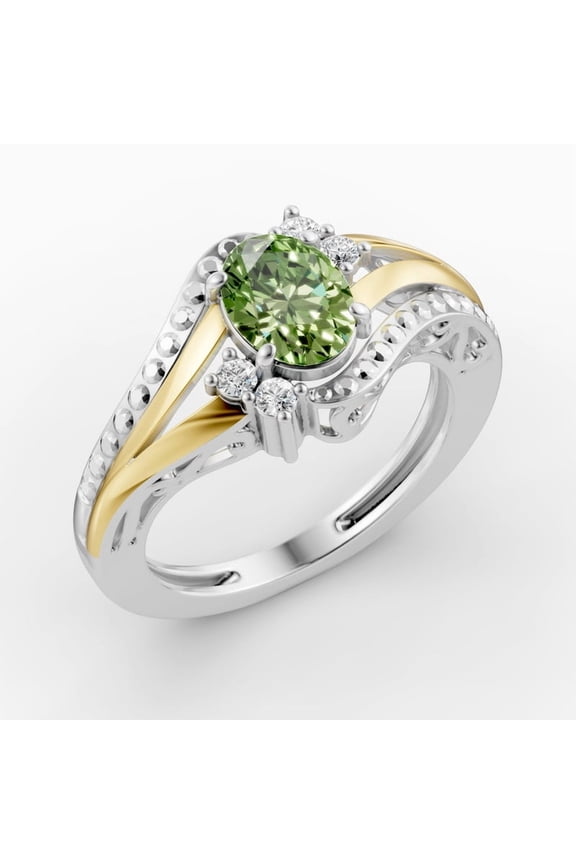 OMRE 925 Silver and 10K Yellow Gold Genuine Peridot Birthstone Ring For Women