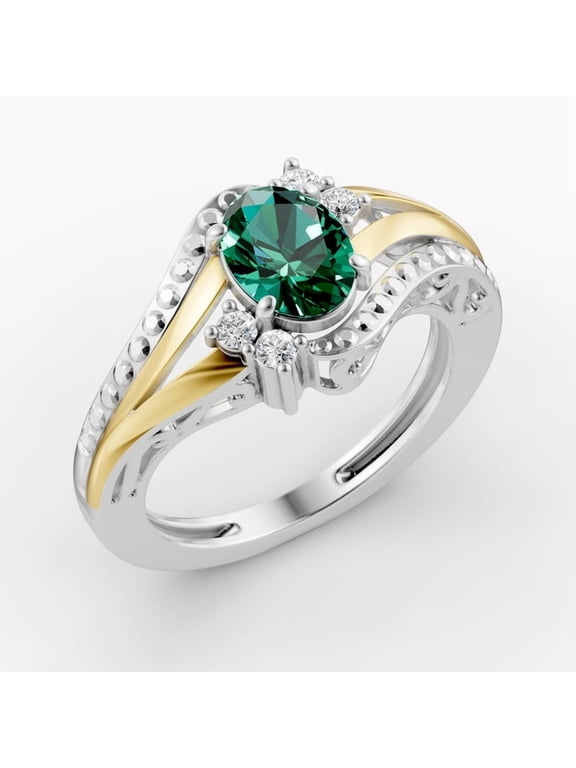 OMRE 925 Sterling Silver and 10K Yellow Gold Genuine Emerald and May Birthstone Ring Women