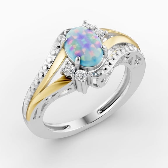 OMRE 925 Sterling Silver and 10K Yellow Gold Genuine Opal Birthstone Ring Women
