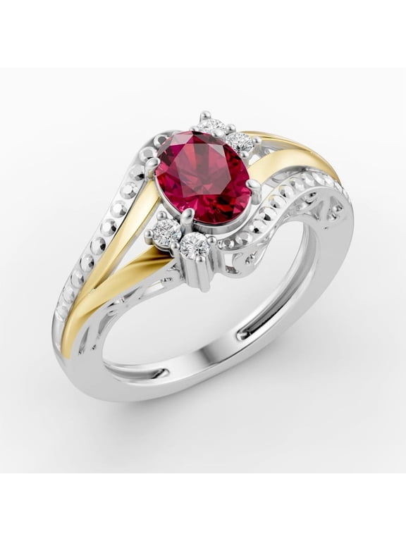 OMRE 925 Sterling Silver and 10K Yellow Gold Genuine Ruby and July Birthstone Ring Women