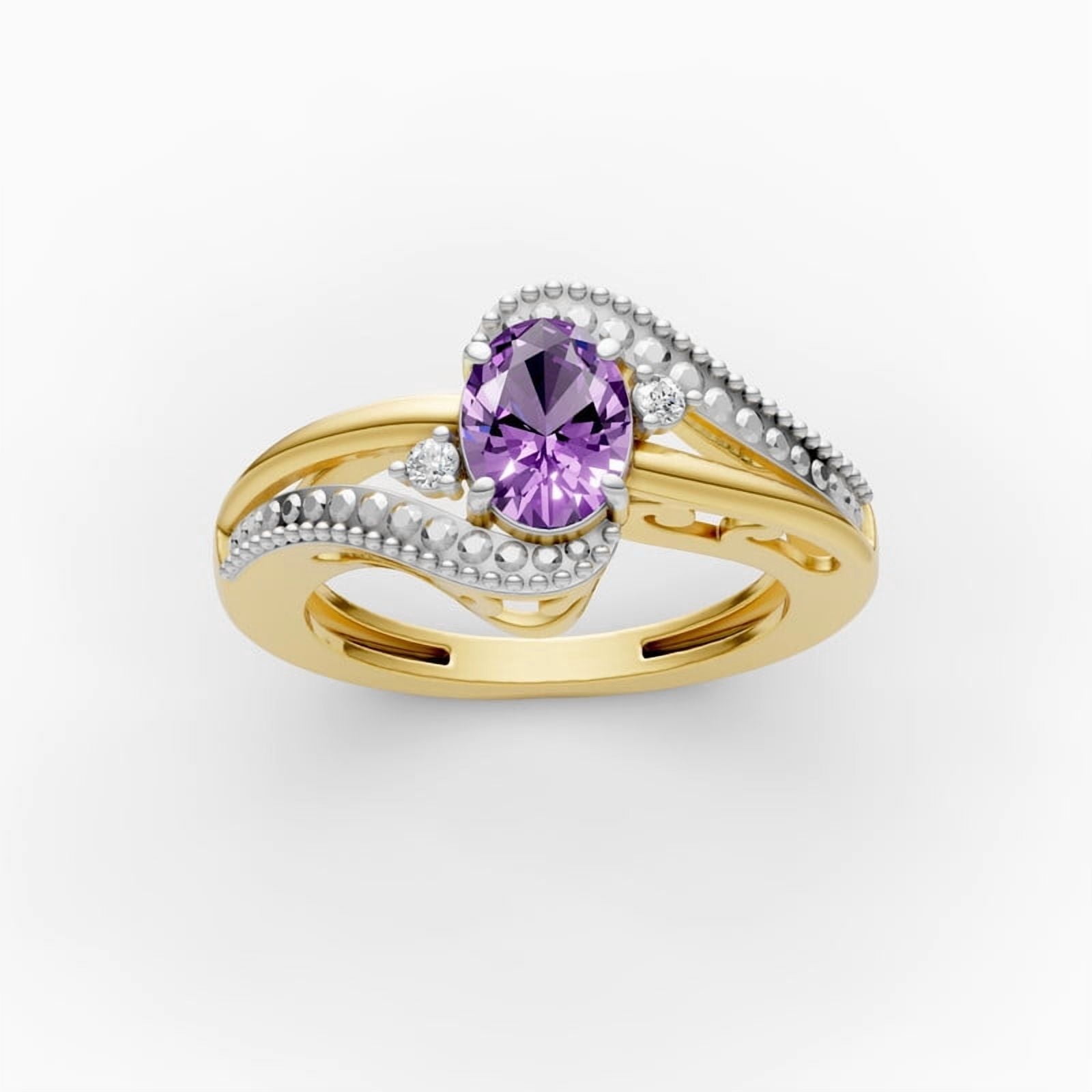 OMRE February Birthstone Amethyst Ring 925 Sterling Silver and 10K Yellow Gold Women