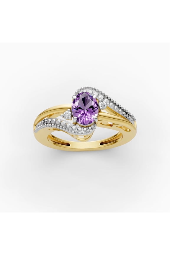 OMRE February Birthstone Amethyst Ring 925 Sterling Silver and 10K Yellow Gold Women