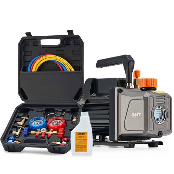 OMT HVAC Auto AC Refrigeration 1/3HP 4CFM Air Vacuum Pump w/ Manifold Gauge Set