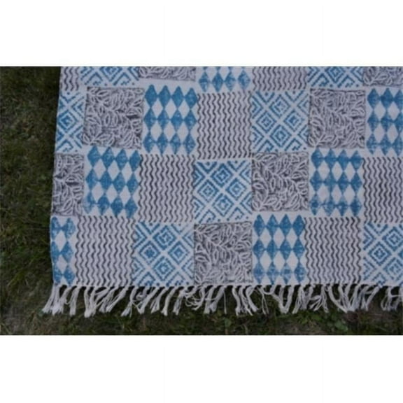 OMTX3146-Square Indigo Dyed Handwoven Block Printed Cotton Square Rug with Floral Design