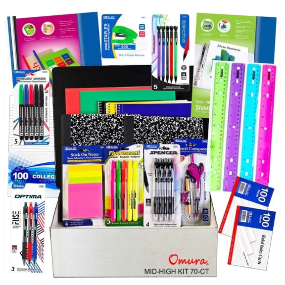 OMURA Learning 70-Piece Back-to-School Supply Box with Notebooks, Ruler, Pencils, Pens, Markers & Glue Sticks  Student Essentials Set for Classroom or Home Use