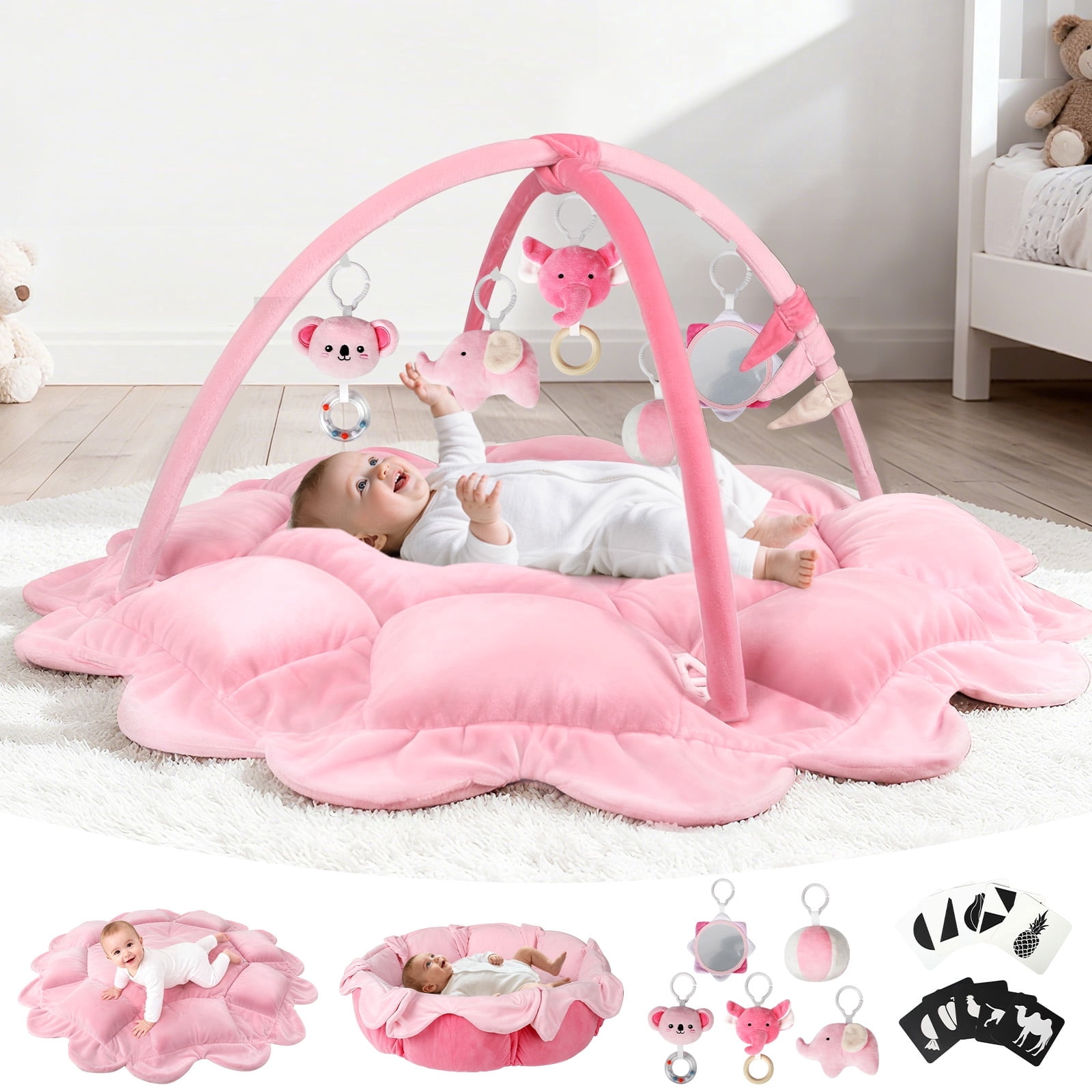 OMZER 5-in-1 Convertible Baby Play Gym, Washable Non-Slip Activity Center with Sensory Toys for Tummy Time, Pink