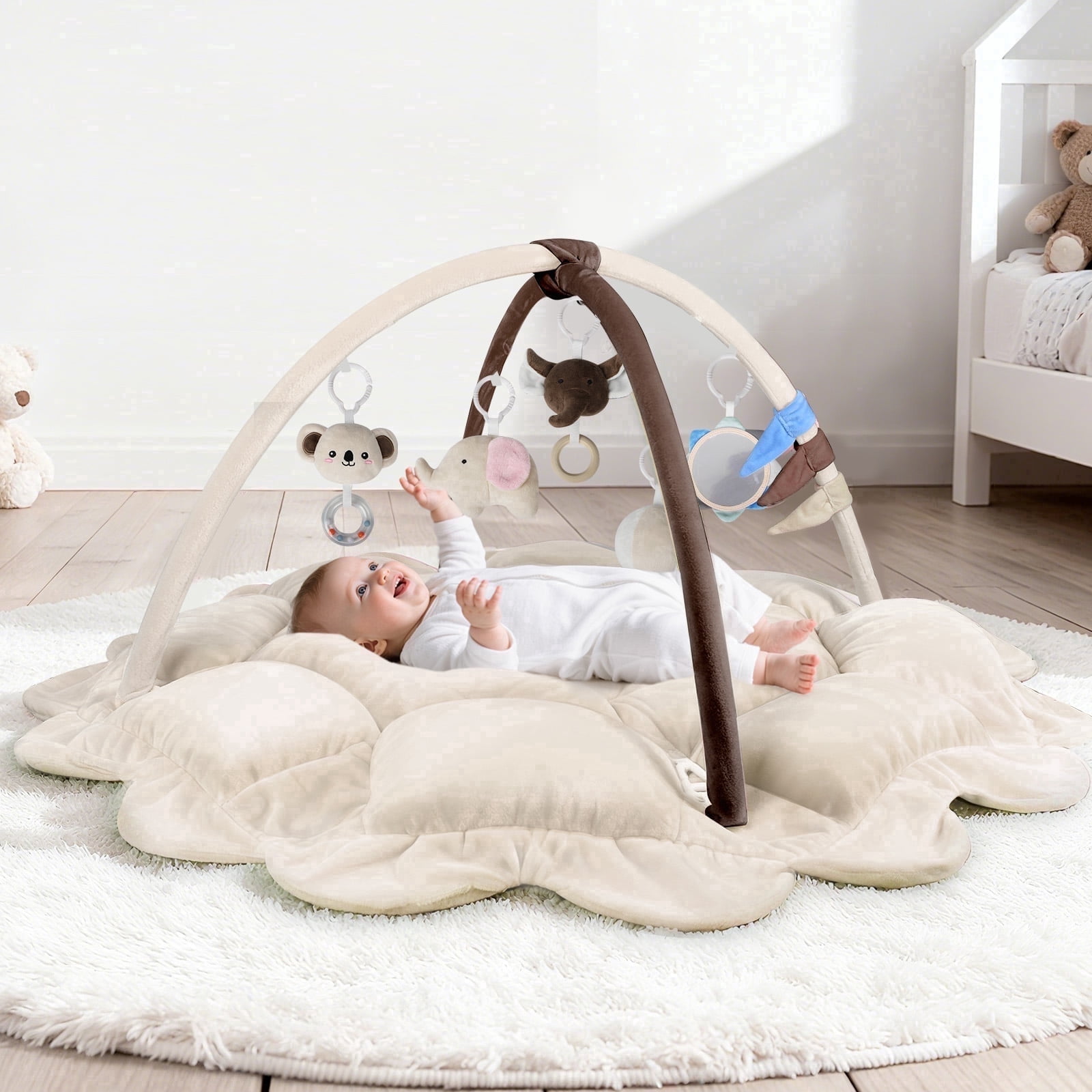 OMZER 5-in-1 Multifunctional Baby Play Gym, Washable Activity Mat with Sensory Toys, Non-Slip Baby Playmat, Beige