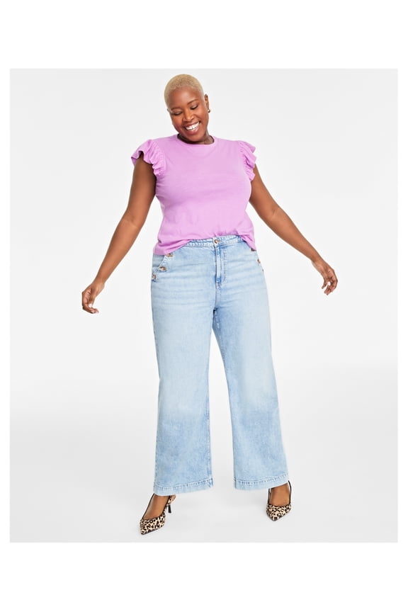 Womens Flutter Sleeve Basic T-Shirt, Purple, Plus Size, 0X