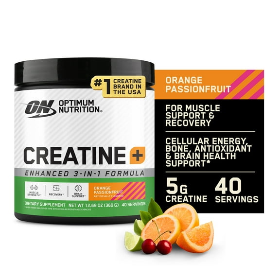 Optimum Nutrition Creatine Monohydrate Plus Powder, Orange Passionfruit Flavored Creatine Performance Blend With Electrolytes for Hydration, Added Vitamins, 40 Servings