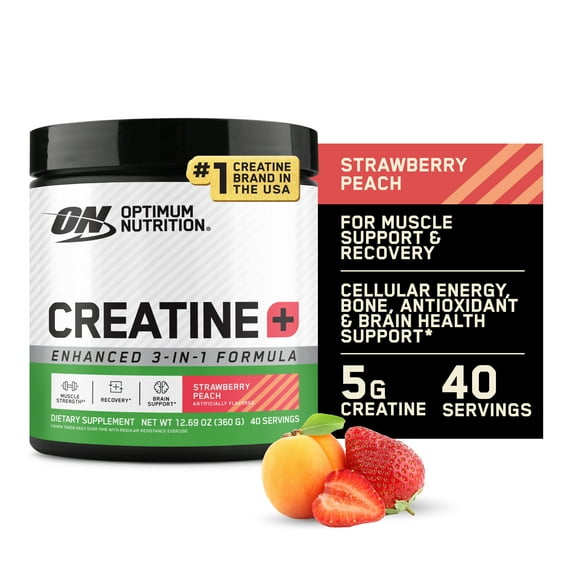 Optimum Nutrition Creatine Monohydrate Plus Powder, Strawberry Peach Flavored Creatine Performance Blend, with Electrolytes for Hydration, Added Vitamins, 40 Servings, 360 Grams (Packaging May Vary)