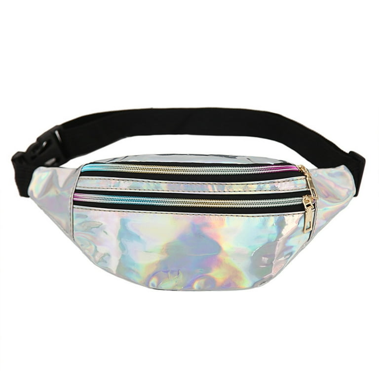 On SALE Loyerfyivos Holographic Fanny Pack Hologram PU Waist Pack Waterproof Shiny Waist Bag Laser Waist Bum Bag Adjustable Belt Metallic Color Sport