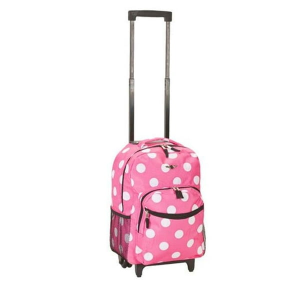 ON THE GO Rolling with Double Wheels Side Mesh Pockets Polyester Backpack, Pink Dot