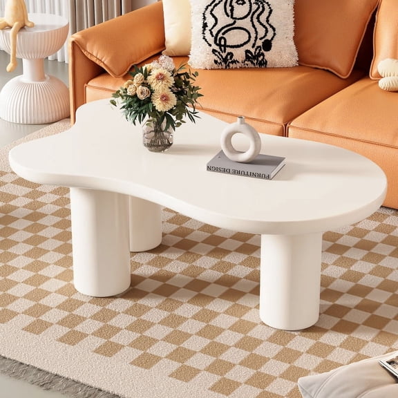 [Luckynote]44'' x 25.9'' Easy Assembly Cloud Coffee Table with 1.5'' Thick Tabletop, Cream Style Irregular End Table with 3 Sturdy Legs, Sleek Center Table with Round Edge for Living Room, White