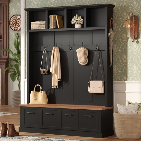 ON-TREND Black Hall Tree with Storage Bench, 75" Farmhouse Entryway Hall Tree with 6 Hooks, Open Shelves & Enclosed Shoe Cabinets for Hallway