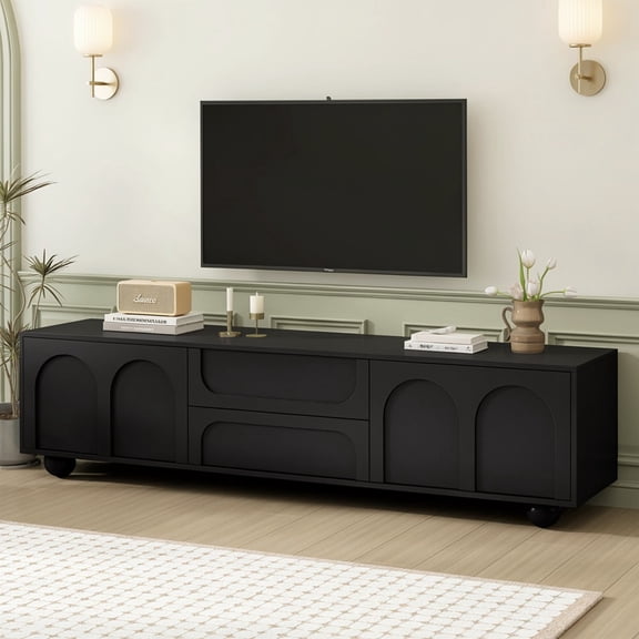 ON-TREND Cream Style TV Stand with Arched Doors & 2 Drawers for TVs up to 75", Minimalist Media Console with Rebound Device, Entertainment Center with 5 Iron Round Legs for Living Room, Bedr