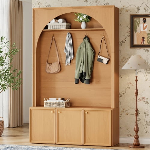 ON-TREND Farmhouse Hall Tree with Arched Design, All-in-One Entryway Storage Bench with 4 Golden Hooks & 3 Adjustable Cabinets, Coat Rack Organizer for Mudroom Hallway, Natural