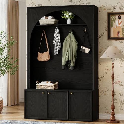 ON-TREND Farmhouse Hall Tree with Arched Design, All-in-One Entryway Storage Bench with 4 Golden Hooks & 3 Adjustable Cabinets, Coat Rack Organizer for Mudroom Hallway, Black