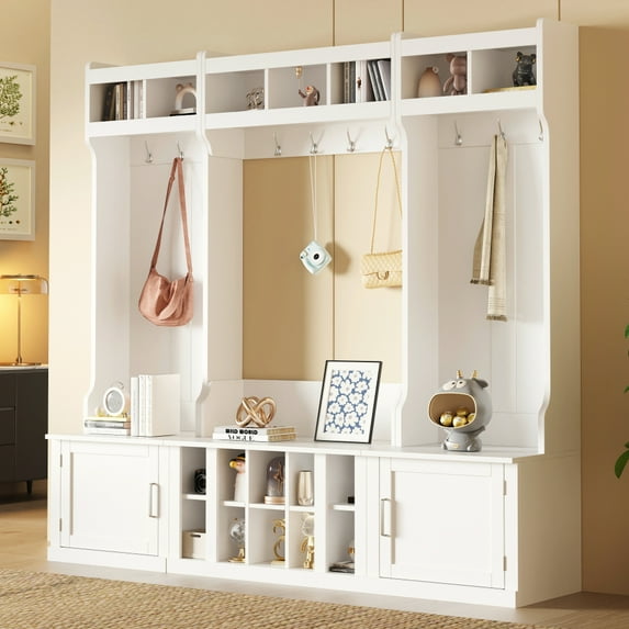 ON-TREND Minimalist Slim Hall Tree with Cabinet & 6 Hanging Hooks, Multi-functional Storage Bench with Coat Rack, Elegant Foyer Cabinet for Hallway, Living room, White (OLD SKU: WF313577AAK)