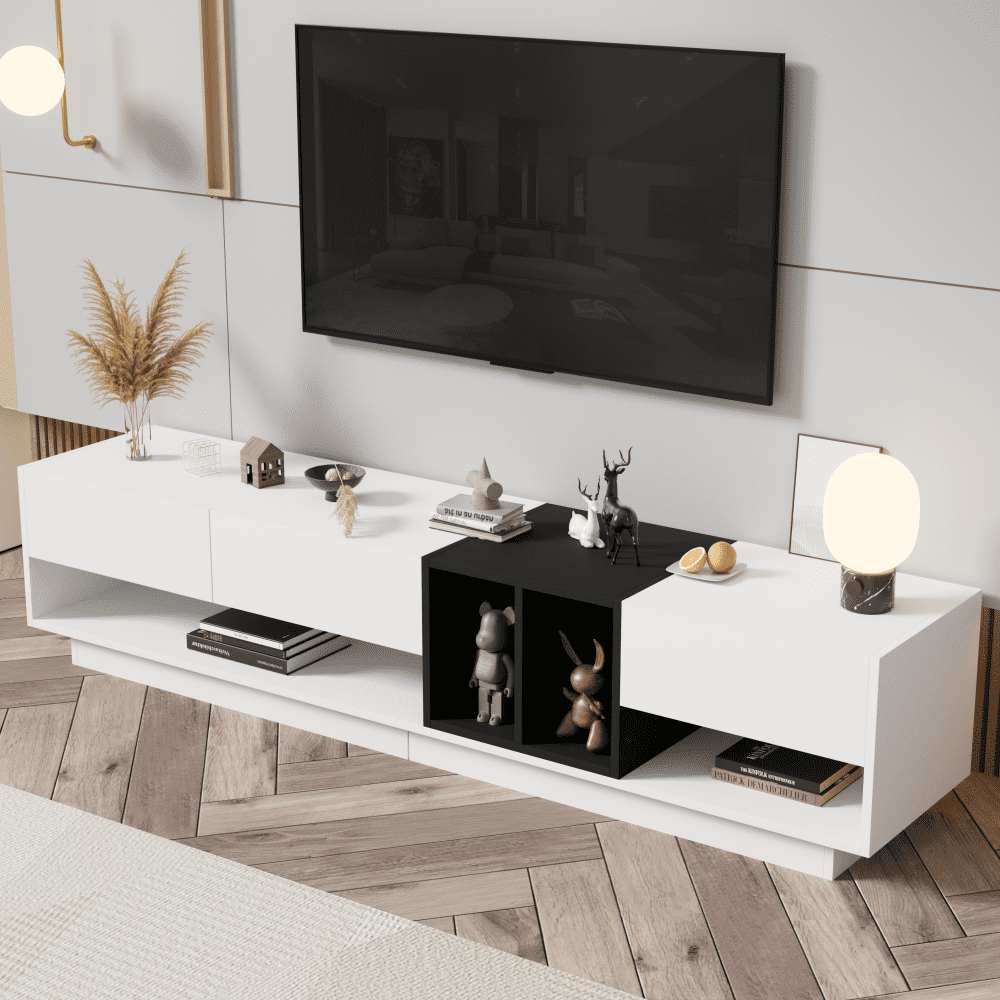 ON TREND Sleek and Stylish TV Stand with Perfect Storage Solution Two tone Media Console for TVs Up to 80 Functional TV Cabinet with Versatile