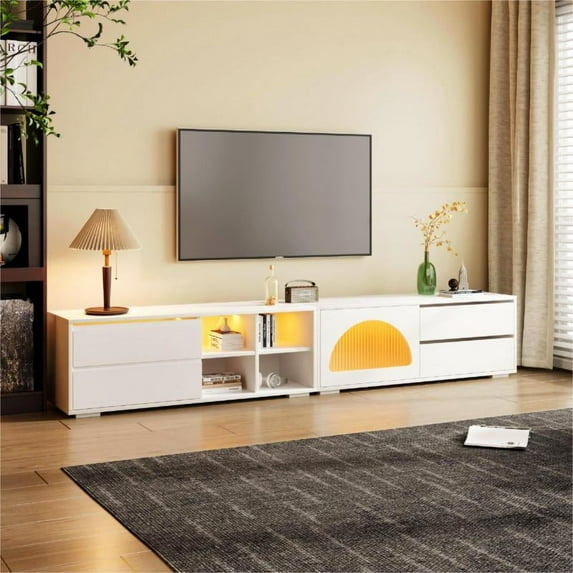 ON-TREND TV Stand with Fluted tempered Glass Doors for TVs Up to 95'', Functional Media Console with Arched Cabinet Doors, Entertainment Center with APP-Controlled LED Light for Living Room
