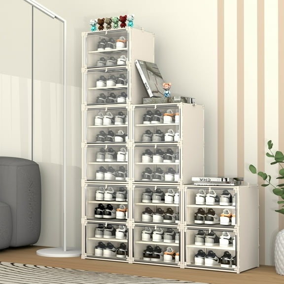 ONAIL 4-Tier Foldable Shoe Boxes Stackable Plastic Shoe Storage Organizers for Closet Doorstep Containers Bins, Soft Top