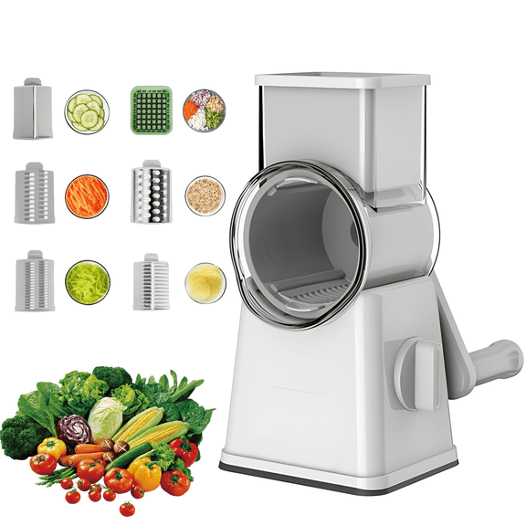 ONAIL Rotary Cheese Grater Mandoline Slicer Vegetable Chopper Food Shredder Crinkle Cutter Veggie Spiralizer with 6 Interchangeable Blades Green White