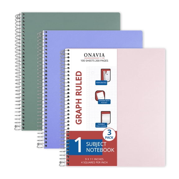 ONAVIA 1 Subject Notebook, 3 Pack, 4x4 Graph Ruled Paper, 9”×11”, Spiral Notebook with 3-Hole Punch, Flexible PP cover, 200pages/100sheets, 3 Aesthetic Colors