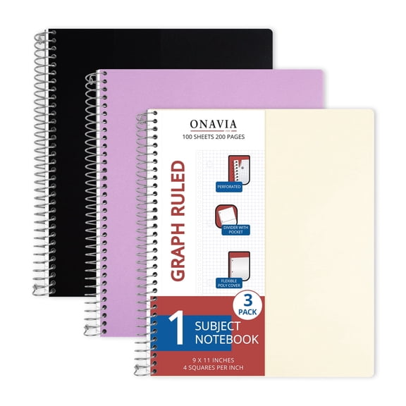 ONAVIA Graph Notebook, 1-Subject Spiral Notebook with Pocket, 4x4 Grid Ruled, 3 Pack, 9" x 11", Poly Cover, 3 Hole Punched for Math, Science & Engineering, 100 Sheets, Assorted Colors