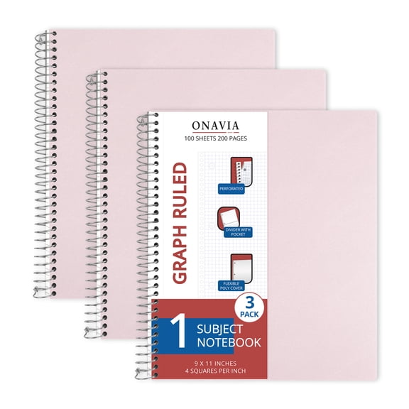 ONAVIA Graph Notebook, 1-Subject Spiral Notebook with Pocket, 4x4 Grid Ruled, 3 Pack, 9" x 11", Poly Cover, 3 Hole Punched for Math, Science & Engineering, 100 Sheets, Light Pink