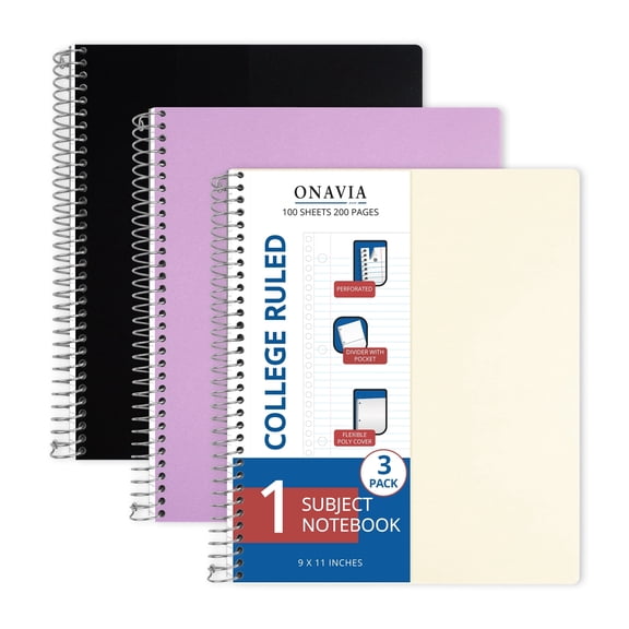 ONAVIA Spiral Notebook, College Ruled, 1 Subject Notebook Bulk with Pocket, 3 Pack, 9" x 11", Poly Cover, 3 Hole Punched Paper for Classroom Study, Work, 100 Sheets, Assorted Colors