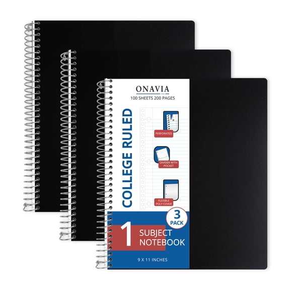 ONAVIA Spiral Notebook, College Ruled, 1 Subject Notebook Bulk with Pocket, 3 Pack, 9" x 11", Poly Cover, 3 Hole Punched Paper for Classroom Study, Work, 100 Sheets, Black