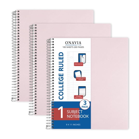 ONAVIA 1 Subject Notebook, 3 Pack, ‎9”×11”, College Ruled Spiral Notebook with 3-Hole Punch, Flexible PP cover, 200pages/100sheets, Light Pink