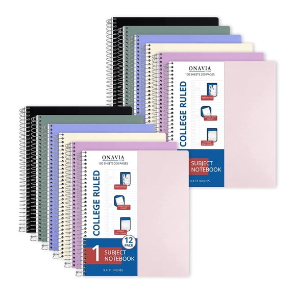 ONAVIA Spiral Notebook, College Ruled, 1 Subject Notebook Bulk with Pocket, 12 Pack, 9" x 11", Poly Cover, 3 Hole Punched Paper for Classroom Study, Work, 100 Sheets, Assorted Colors