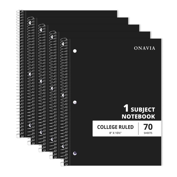 ONAVIA Spiral Notebook, College Ruled, 1 Subject Notebook Bulk, 5 Pack, 8" x 10.5", Durable Cardboard Back with 3 Hole Punched Paper for Classroom and Office, 70 Sheets, Black