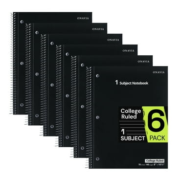 ONAVIA 1 Subject Notebook, College Ruled Spiral Notebook, 6 Pack, 8”×10-1/2”, 3-Hole Punch, 140pages/70sheets, Black