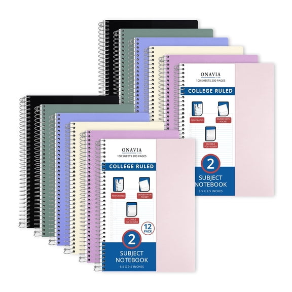 ONAVIA 2 Subject Notebook College Ruled, 12 Pack, 6" x 9.5" Spiral Notebook with 2 Divider Pockets, Poly Cover Notebook Bulk for Study, Work & Travel, 100 Sheets, Assorted Colors