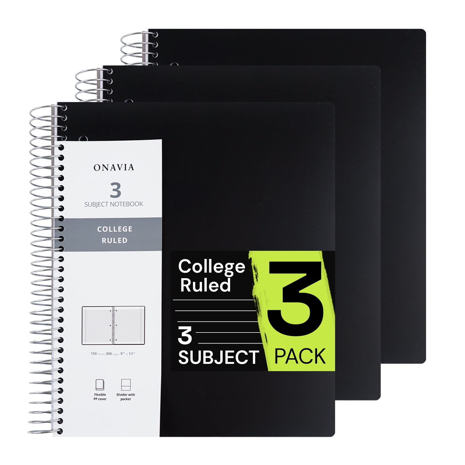 ONAVIA 3 Subject Notebook, 3 Pack, 911, College Ruled Paper Spiral Notebook, 3-Hole Punch, 3 Dividers with Pockets, Flexible PP cover, 300pages/150sheets, Black