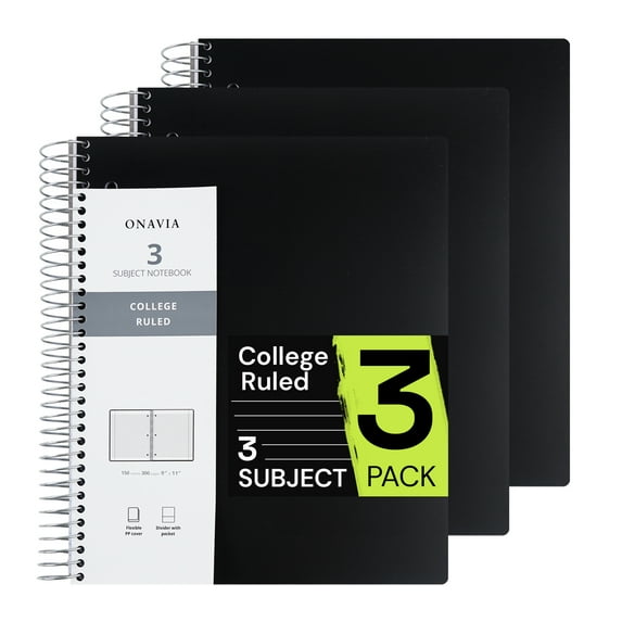 ONAVIA 3 Subject Notebook, 3 Pack, 9”×11”, College Ruled Paper Spiral Notebook, 3-Hole Punch, 3 Dividers with Pockets, Flexible PP cover, 300pages/150sheets, Black