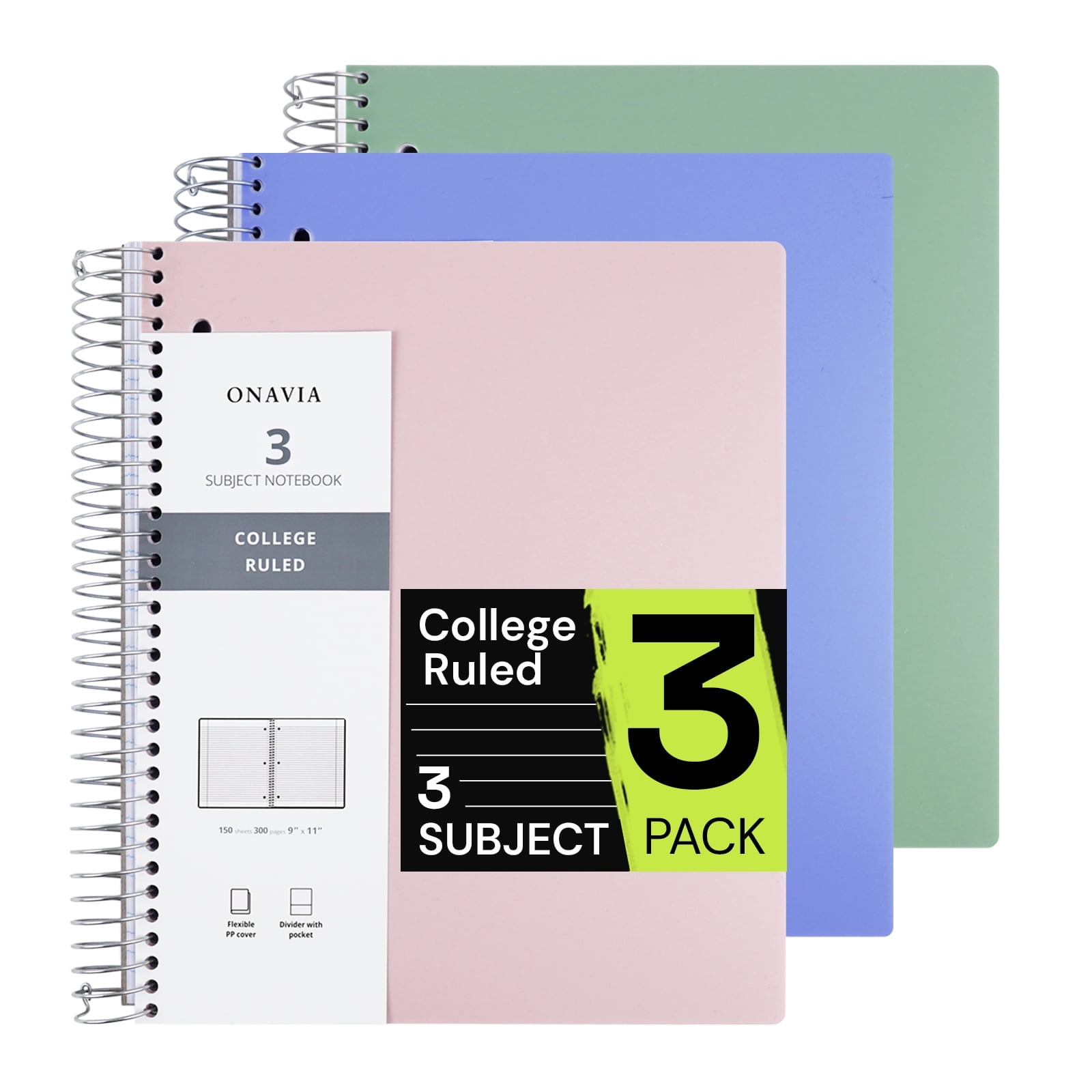 ONAVIA 3 Subject Notebook, 6 Pack, ‎9”×11”, College Ruled Paper Spiral Notebook, 3-Hole Punch, 3 Dividers with Pockets, Flexible PP cover, 300pages/150sheets, Assorted Colors