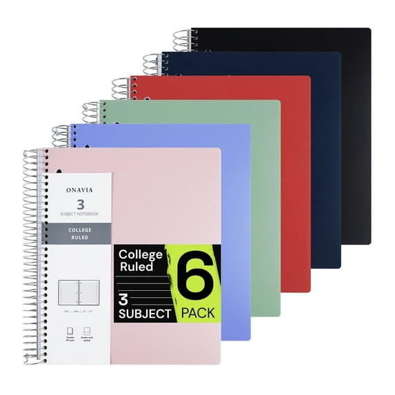 ONAVIA 3 Subject Notebook, 6 Pack, 9”×11”, College Ruled Paper Spiral Notebook, 3-Hole Punch, 3 Dividers with Pockets, Flexible PP cover, 300pages/150sheets, Assorted Colors
