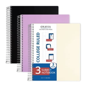 ONAVIA 3 Subject Notebook, College Ruled Spiral Notebook with 3 Divider Pockets, 3 Pack, 9" x 11", Poly Cover, 3 Hole Punched for College & Work, 150 Sheets, Assorted Colors