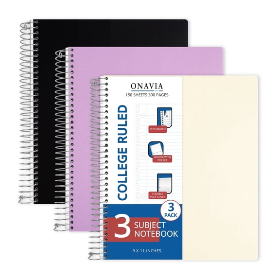 ONAVIA 3 Subject Notebook, College Ruled Spiral Notebook with 3 Divider Pockets, 3 Pack, 9" x 11", Poly Cover, 3 Hole Punched for College & Work, 150 Sheets, Assorted Colors