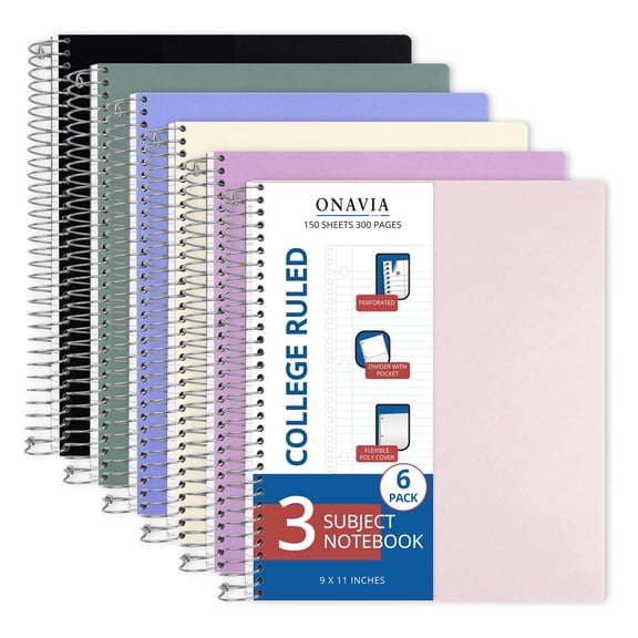 ONAVIA 3 Subject Notebook, College Ruled Spiral Notebook with 3 Divider Pockets, 6 Pack, 9" x 11", Poly Cover, 3 Hole Punched for College & Work, 150 Sheets, Assorted Colors