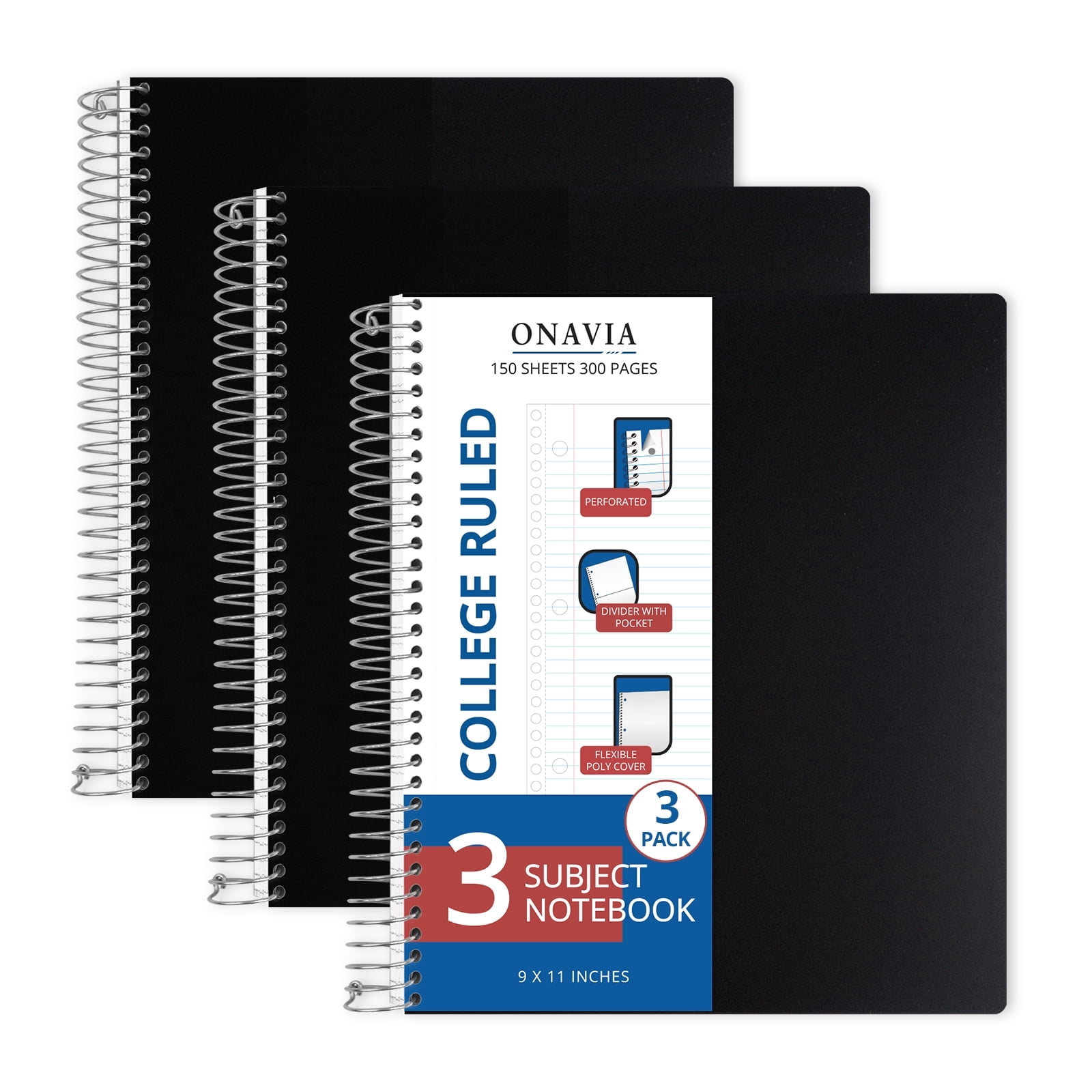 ONAVIA 3 Subject Notebook, College Ruled Spiral Notebook with 3 Divider ...