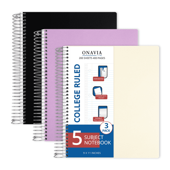 ONAVIA 5 Subject Notebook, College Ruled Spiral Notebook with 5 Divider Pockets, 3 Pack, 9" x 11", Poly Cover Multiple Subject Notebooks for Study ,Work, 200 Sheets, Assorted Colors