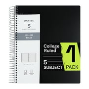 ONAVIA 5 Subject Notebook, ‎9”×11”, College Ruled Paper, Spiral Notebook, 3-Hole Punch, 5 Dividers with Pockets, Flexible PP cover, 400pages/200sheets, Black, 1 PCS