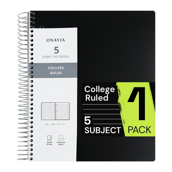 ONAVIA 5 Subject Notebook, ‎9”×11”, College Ruled Paper, Spiral Notebook, 3-Hole Punch, 5 Dividers with Pockets, Flexible PP cover, 400pages/200sheets, Black, 1 PCS