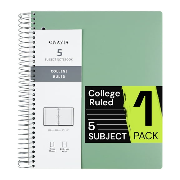 ONAVIA 5 Subject Notebook, 9”×11”, College Ruled Paper, Spiral Notebook, 3-Hole Punch, 5 Dividers with Pockets, Flexible PP cover, 400pages/200sheets, Midnight Green, 1 PCS